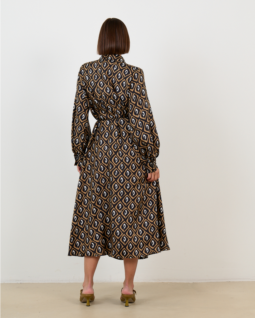 Long-sleeved midi dress 001 black prints