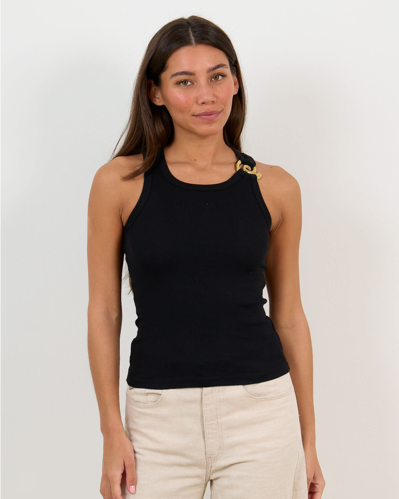 Black camisole bodysuit with gold detail