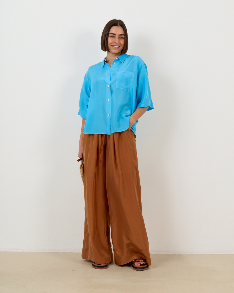 Turquoise Short-Sleeved Silk Blouse
