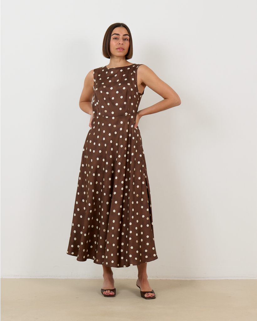 Silk Maxi Dress with Polka Dots, Brown