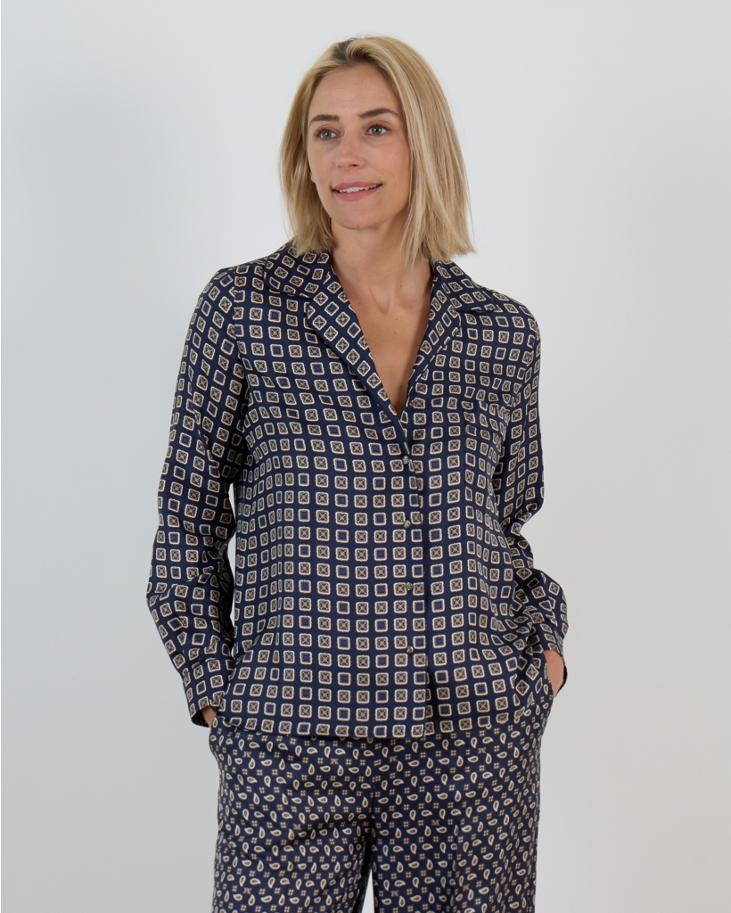 Semi-Fitted Silk Blouse with Print - Navy