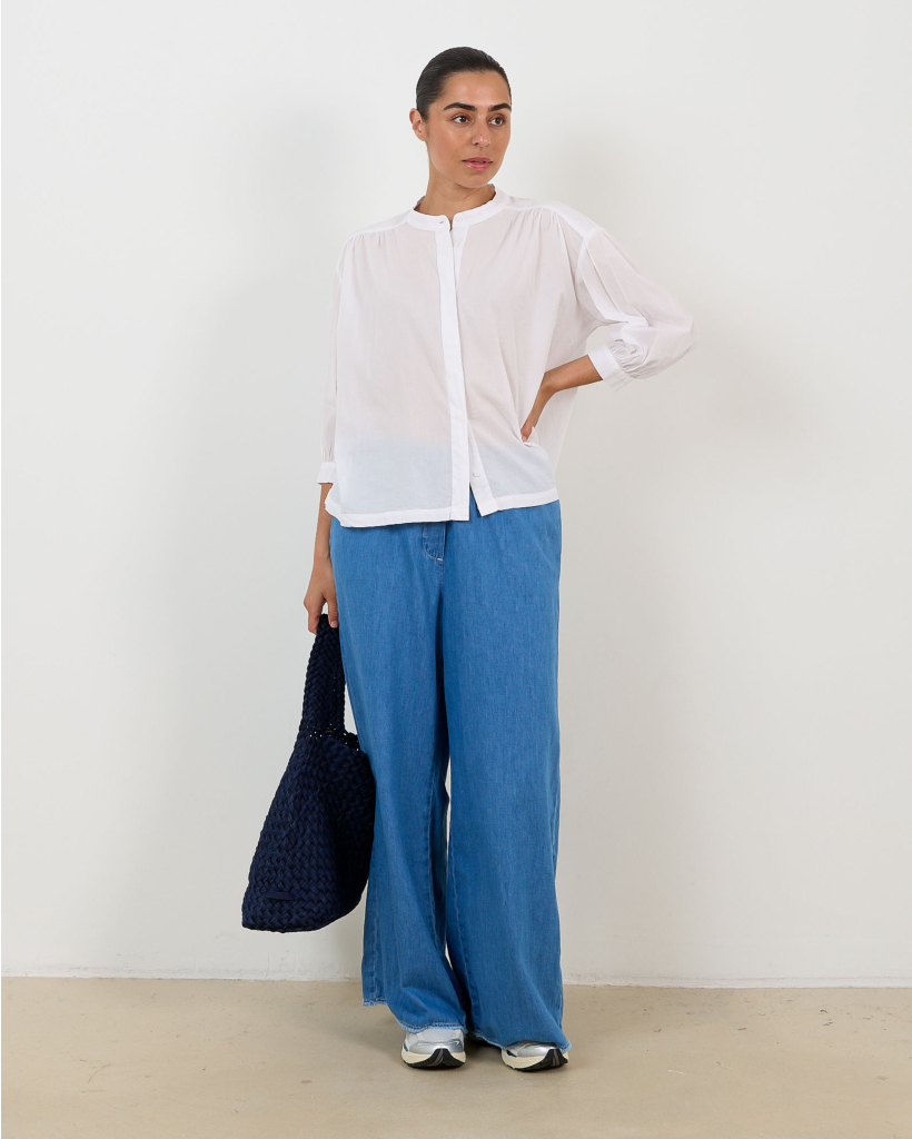 Carla Mandarin-Collar Blouse in Optic White