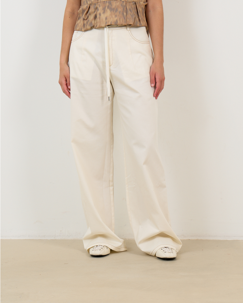 Nanny Trousers with Brown Stitching - Off-White
