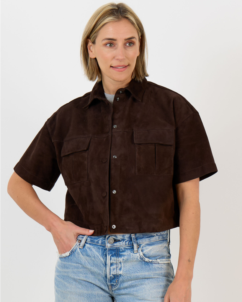 Brisa Short-Sleeve Brown Suede Blouse