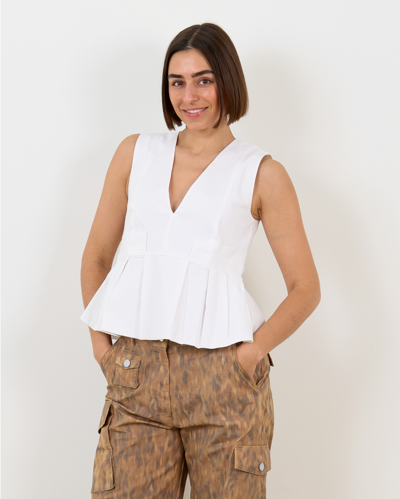 White Sleeveless V-Neck Peplum Top