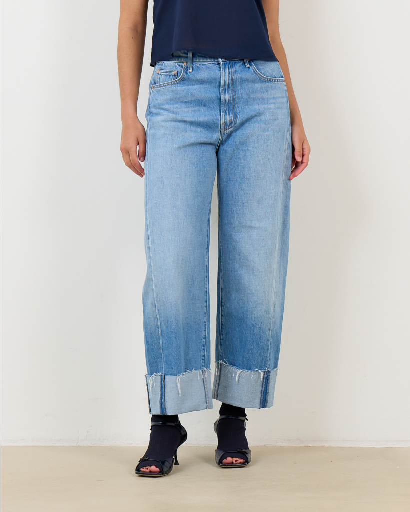 High-Waisted Cuffed Jeans - Blue