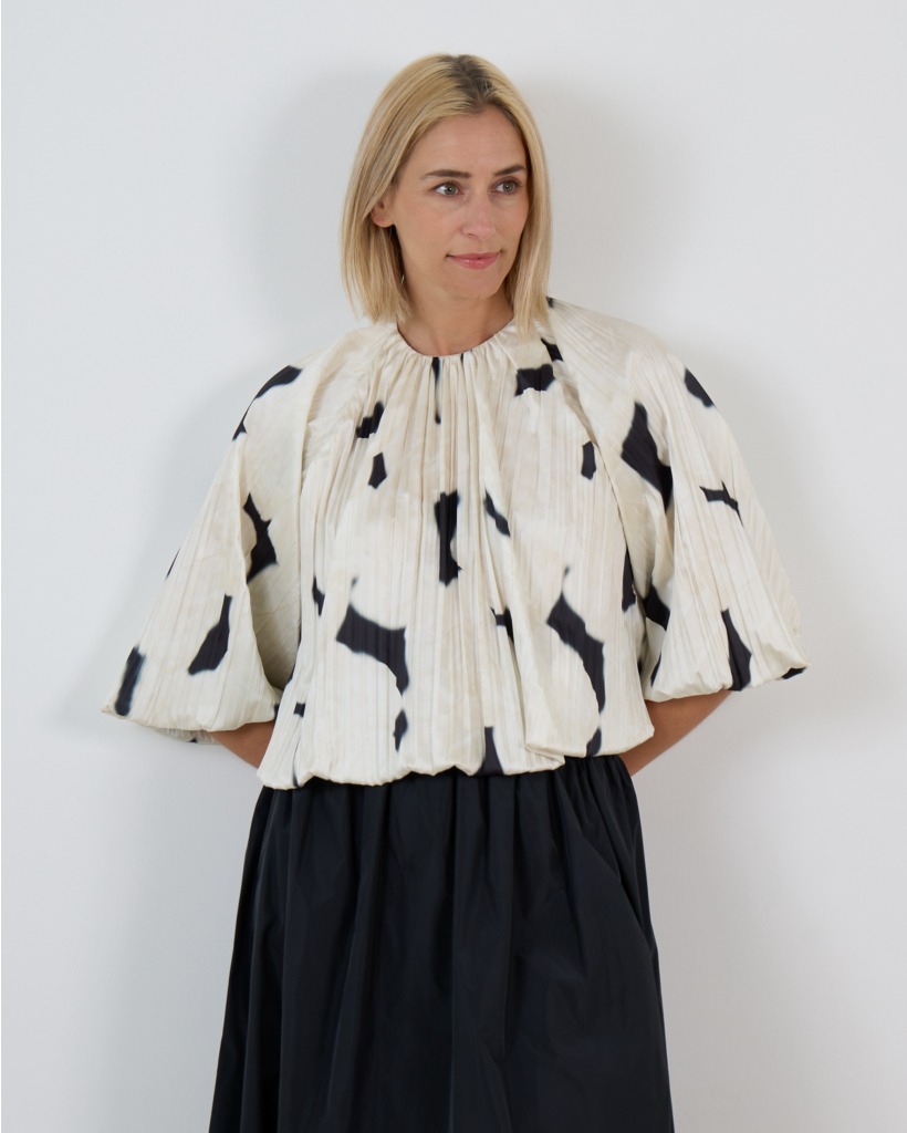 Edie Short-Sleeve Pleated Blouse Off-White