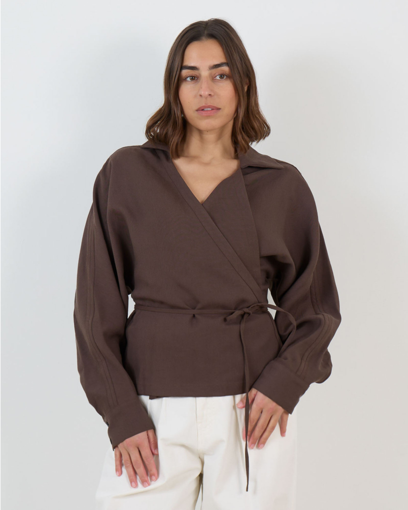Heloa Long Sleeve Wrap Blouse Dark Brown