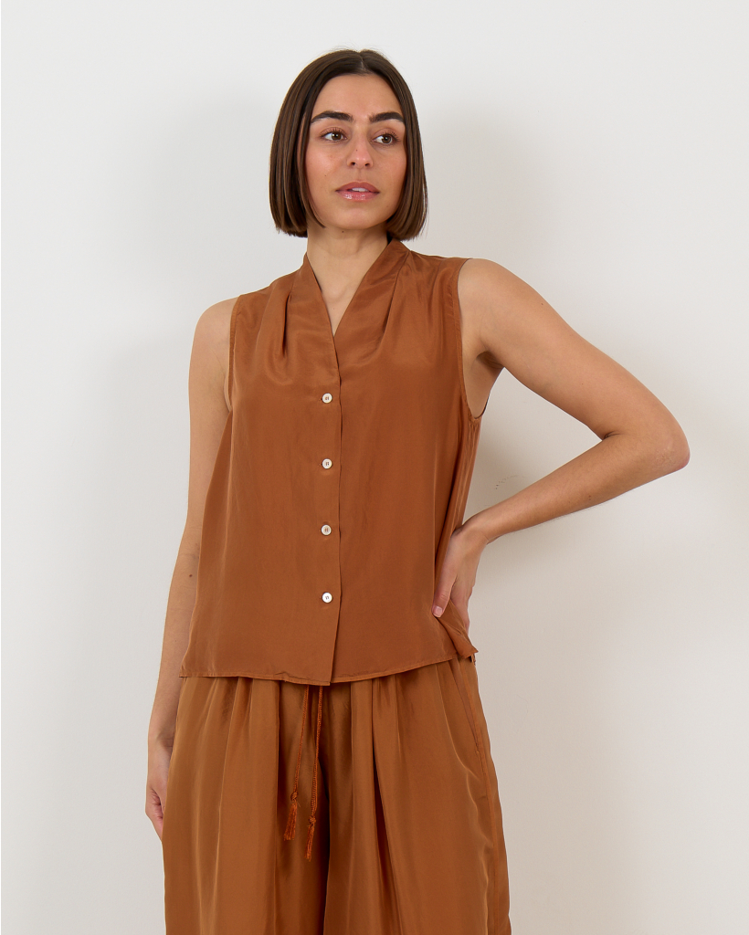 Silk Sleeveless Button-Front Blouse - Bronze