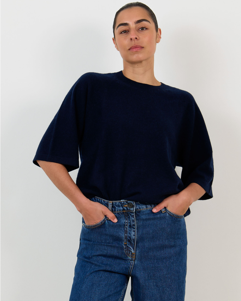 Leana Cashmere Short-Sleeve Sweater Navy