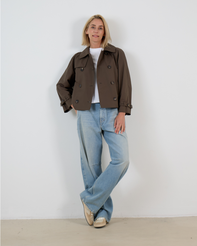Short Water-Repellent Twill Trench Coat Green