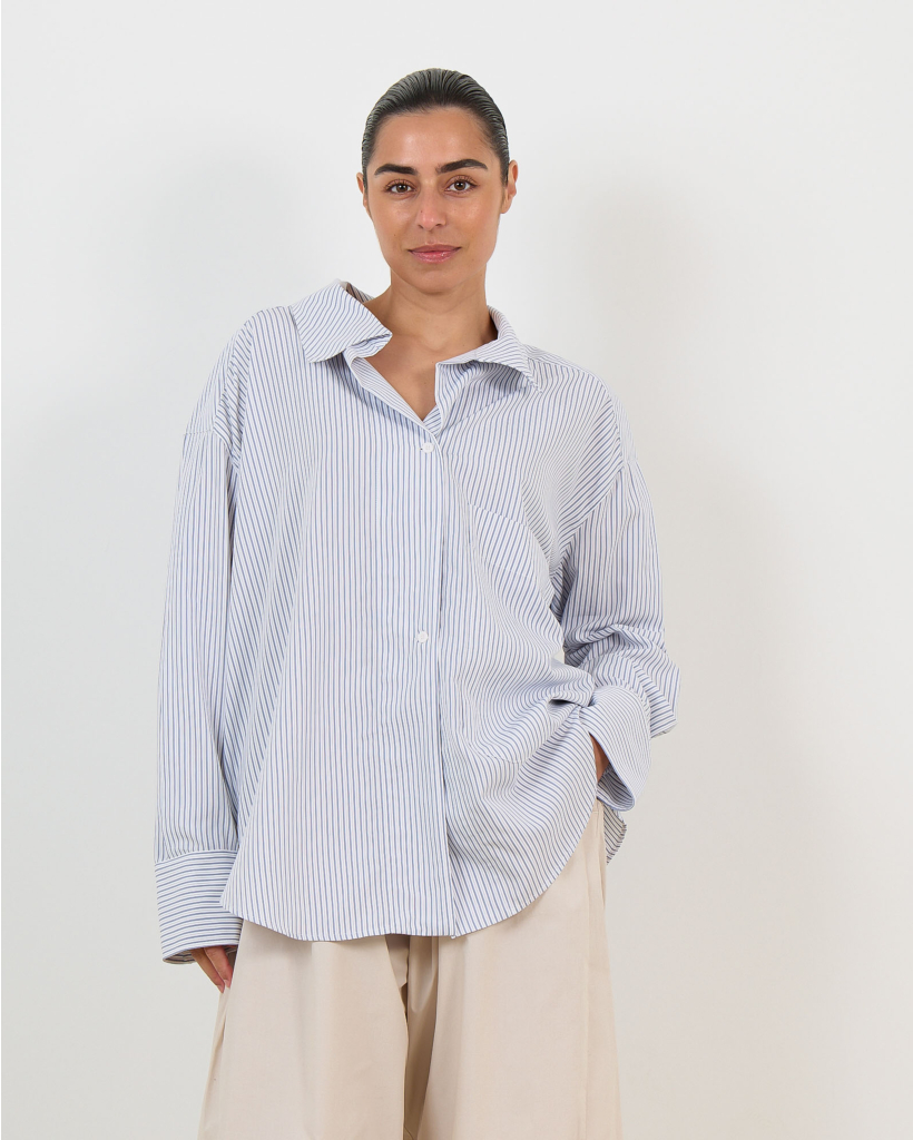 Finlay Striped Shirt Blouse with Crossover Collar in Blue