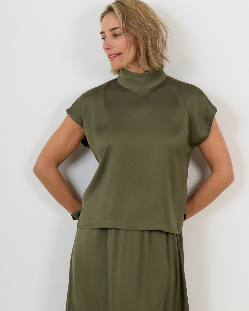 Alaria Sleeveless High Neck Satin Blouse Green