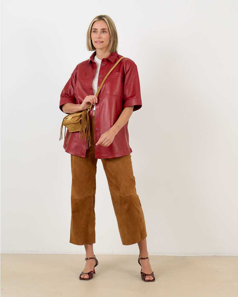 Satu Short-Sleeve Red Leather Overshirt