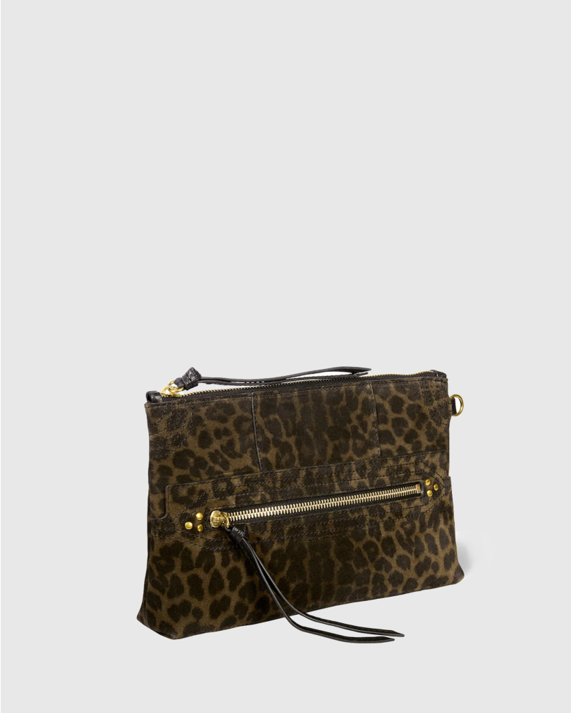 Lucky Clutch Khaki Leopard Print Split Suede
