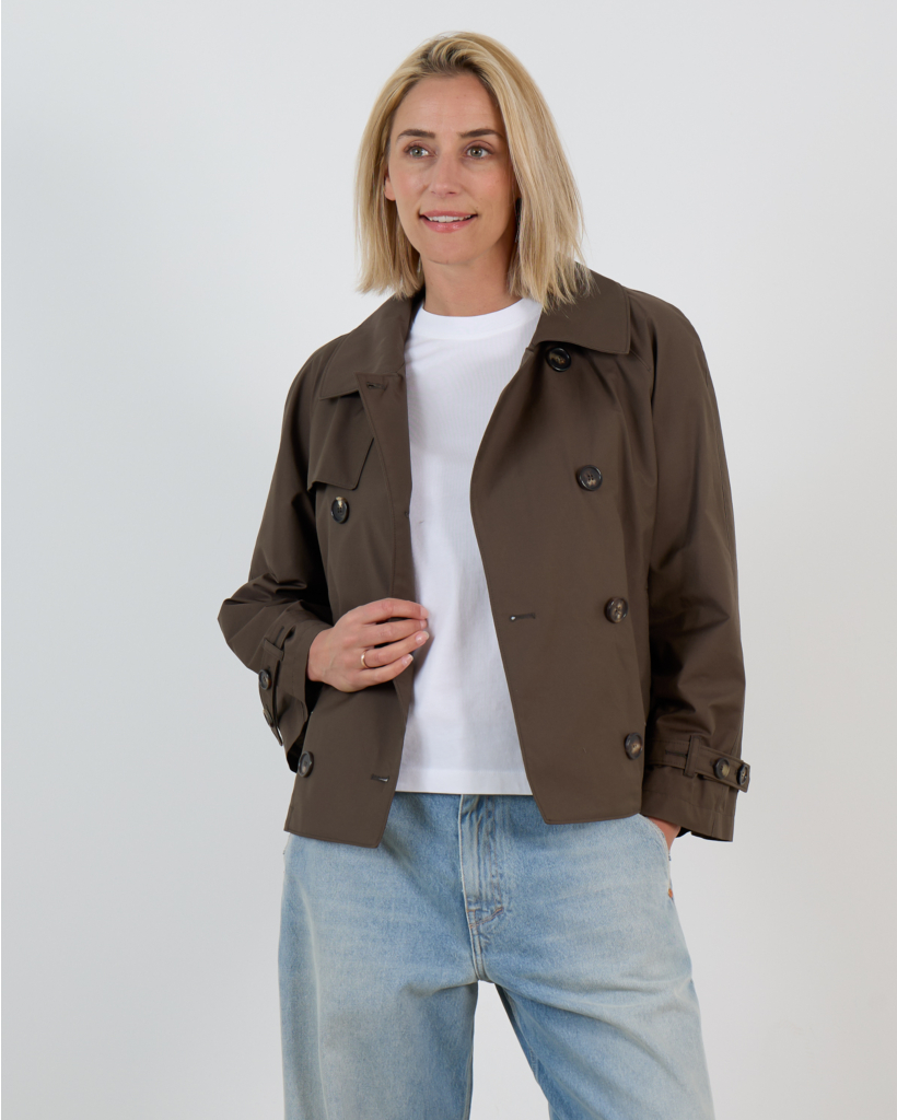 Short Water-Repellent Twill Trench Coat Green