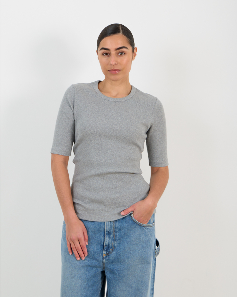 Ribbed T-shirt with Half-Length Sleeves in Grey