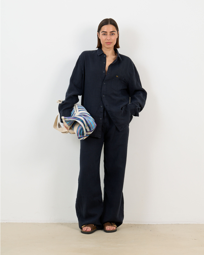Skater Pleats Navy Linen Trousers