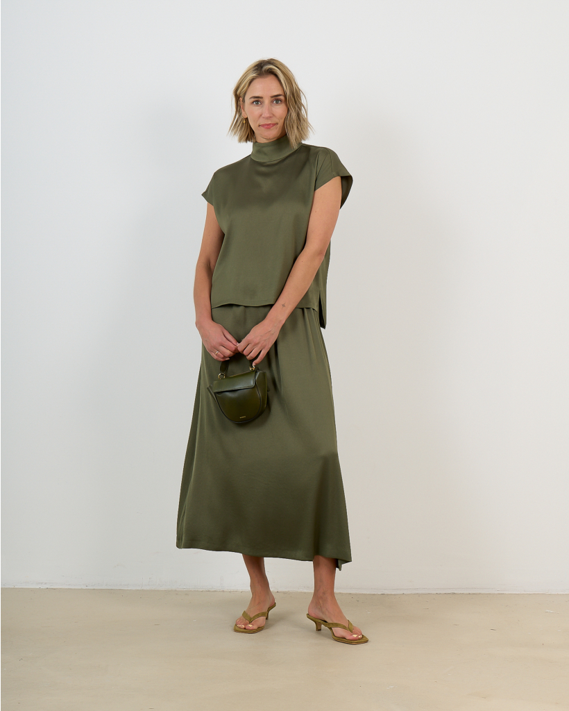 Alaria Sleeveless High Neck Satin Blouse Green