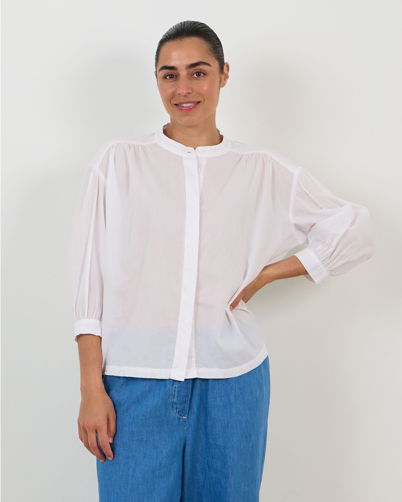 Carla Mandarin-Collar Blouse in Optic White