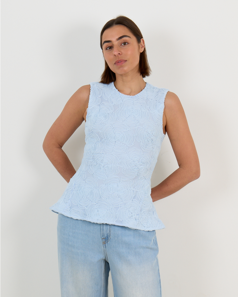Mesh Mouwloze Floral Peplum Top Blauw 