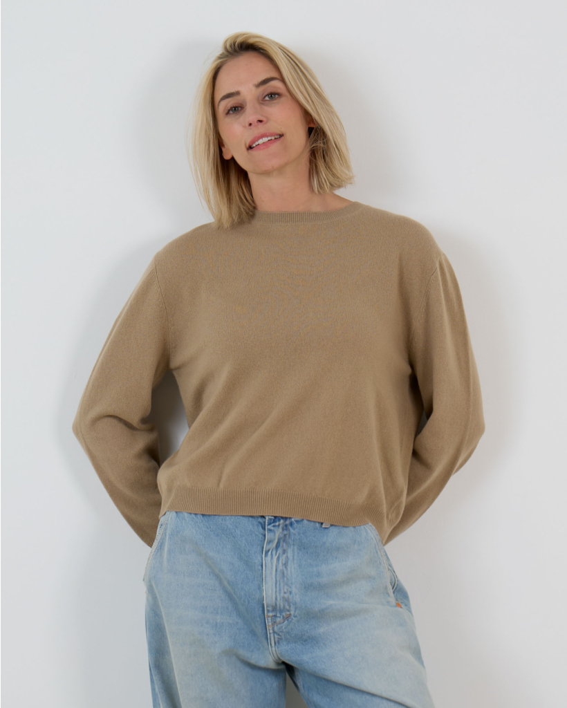 Oversized Round-Neck Pullover in Taupe