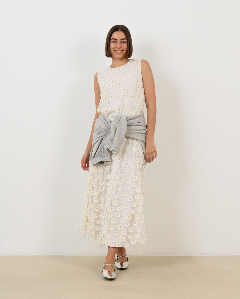 White Midi Skirt with Daisies