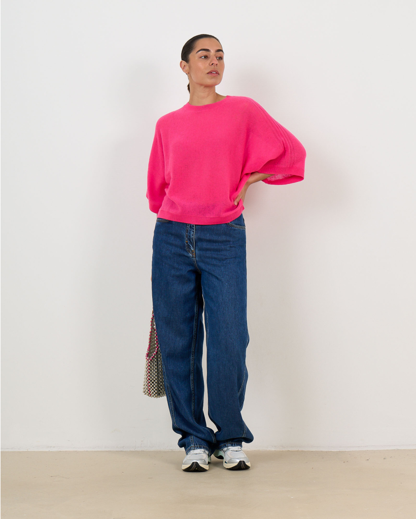 Benedicta Cashmere Short-Sleeve Sweater Fuchsia