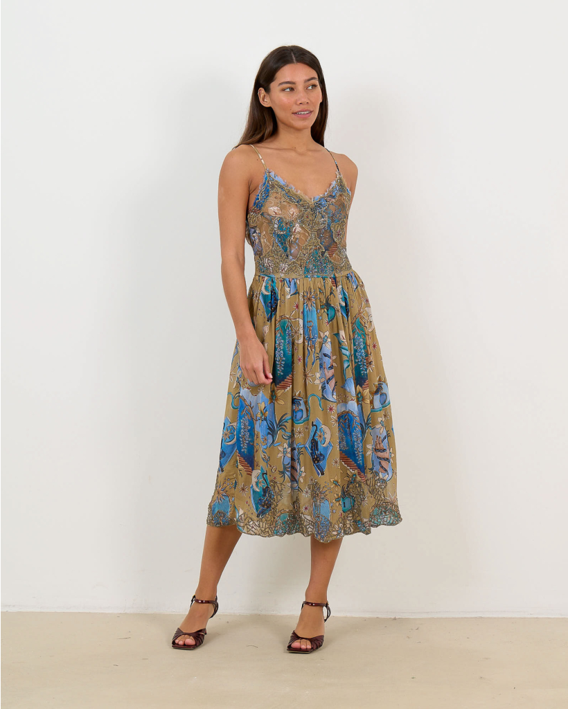 Mystical Sand Midi Dress with Rhinestones Beige