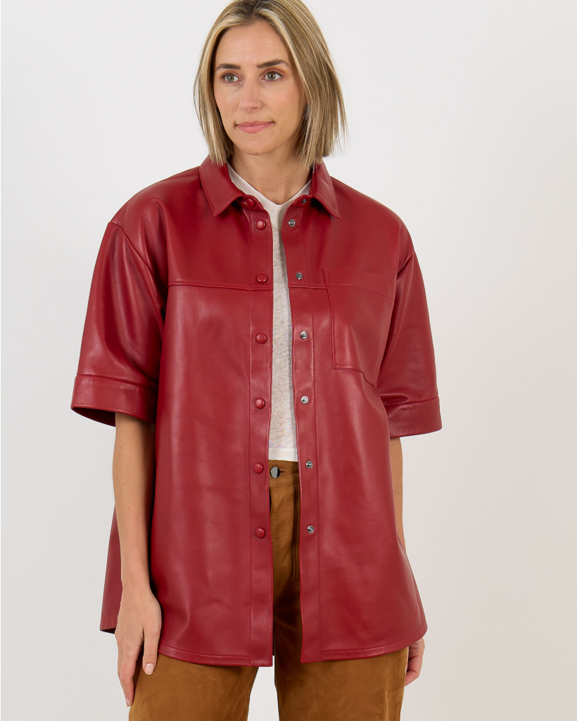 Satu Short-Sleeve Red Leather Overshirt