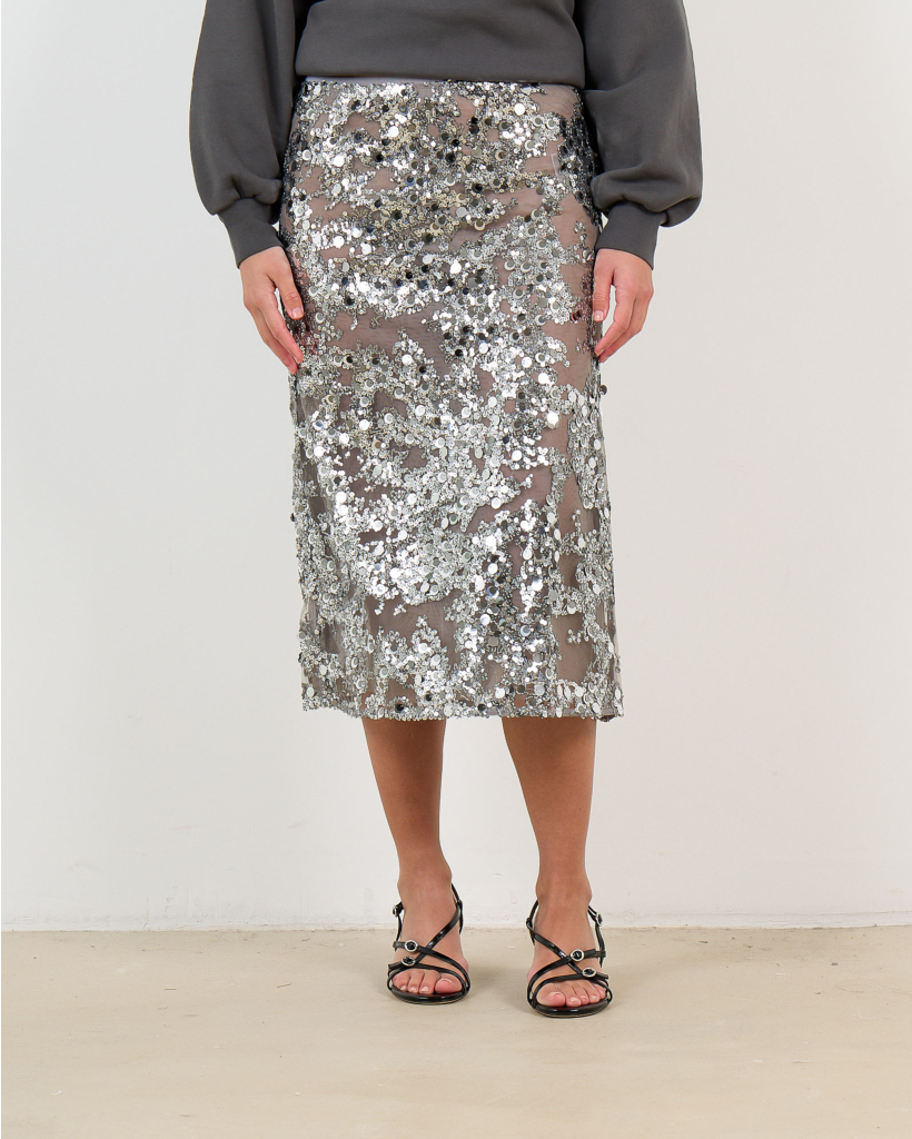 Shania Mesh Skirt with Sequins, Silver