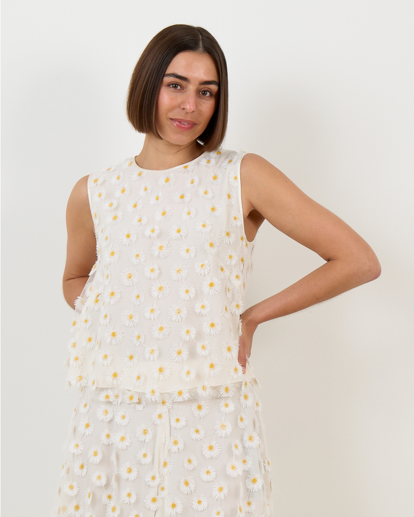 White Sleeveless Blouse with Daisies