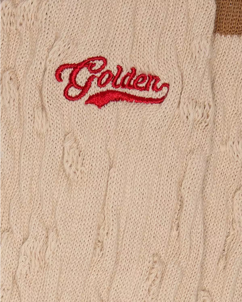 Beige Ribbed Socks with Brown Details and Red Logo