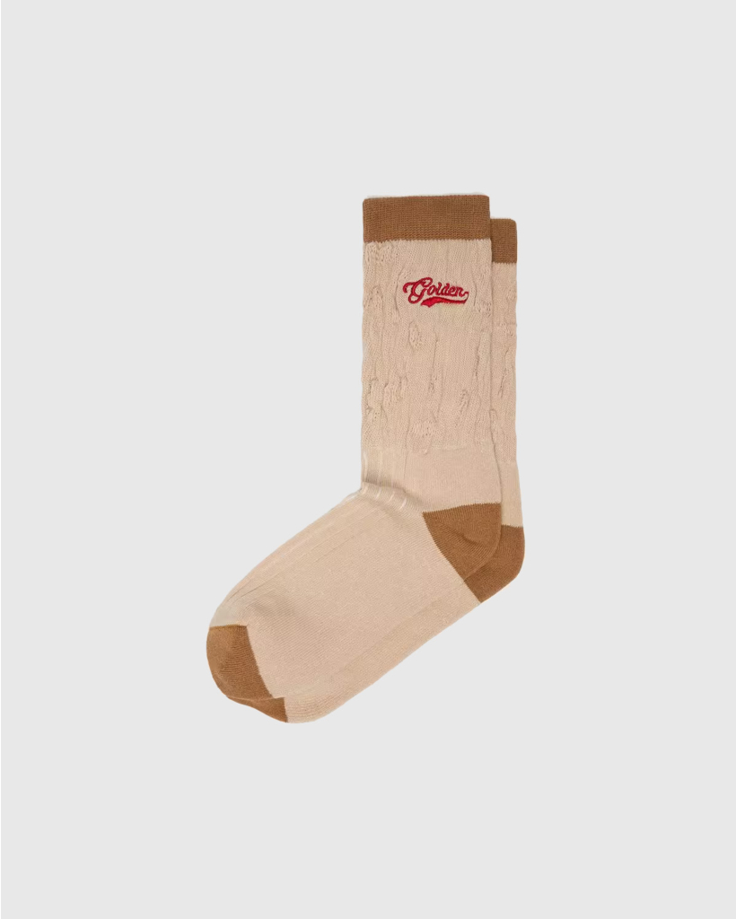 Beige Ribbed Socks with Brown Details and Red Logo