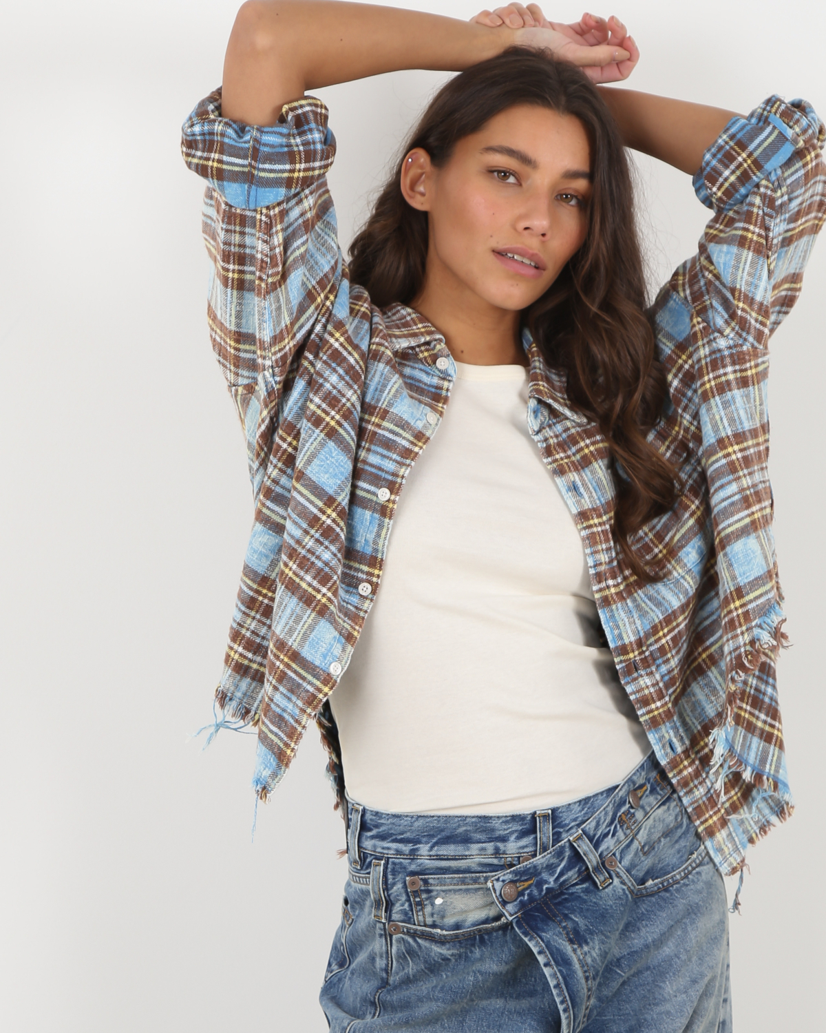 Drop Neck Cropped Shirt Bright Blue Plaid