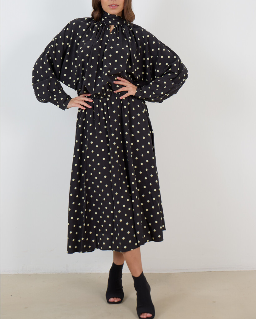 Susan Long-Sleeve Black Polka Dot Midi Dress