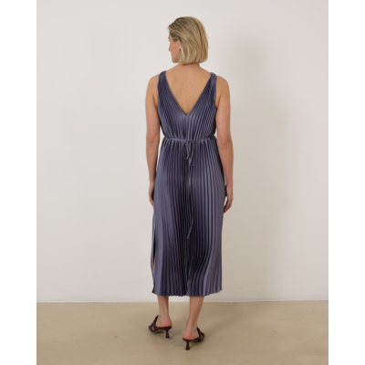 Vince Hand-Smocked Pleated Satin Dress Blue