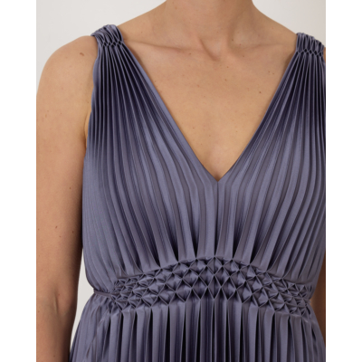 Vince Hand-Smocked Pleated Satin Dress Blue