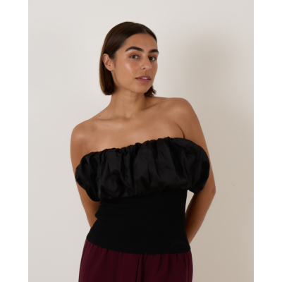 Ganni Zwarte Top met Pofdetail en Ribstructuur