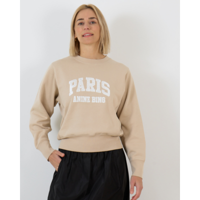 Anine Bing Harry Shrunken Paris Crewneck Sweatshirt Beige