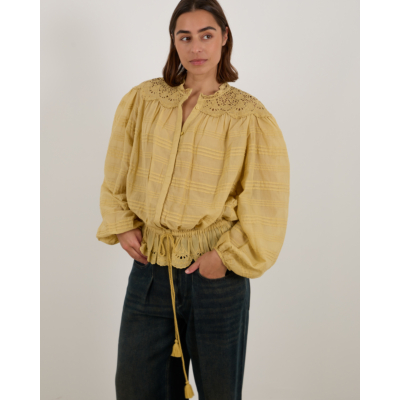 Marant Étoile  Polly Katoenen Blouse met Bloemenkant en Trekkoord Oker