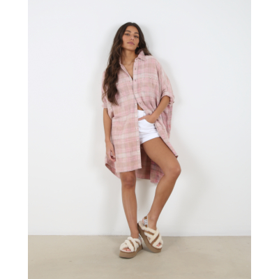 R13 Plaid Oversized Boxy Shirt Dress Red Gray