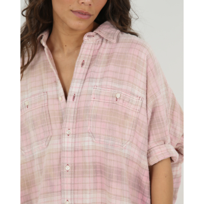 R13 Plaid Oversized Boxy Shirt Dress Red Gray